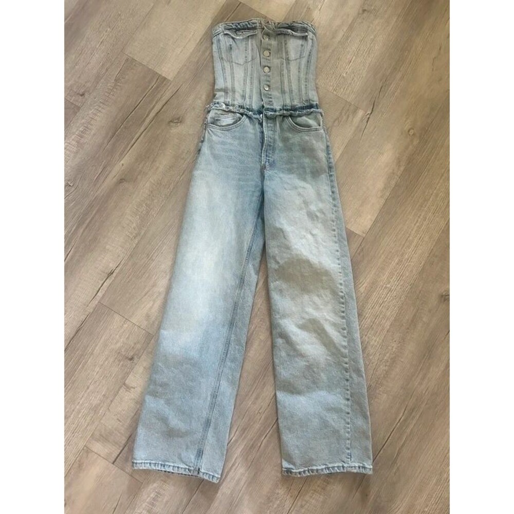 Zara TRF Strapless Denim Jumpsuit Corset Wide Leg Light Blue Size XS